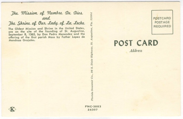 Backside of Shrine of Our Lady of La Leche Souvenir Postcard